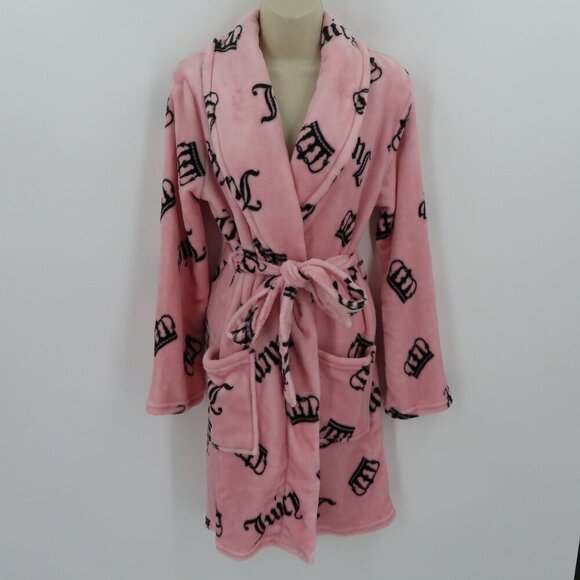 Juicy Couture L/XL Extra Large Pink Black Logo Crown Plush Bathrobe Robe NEW - Picture 11 of 11